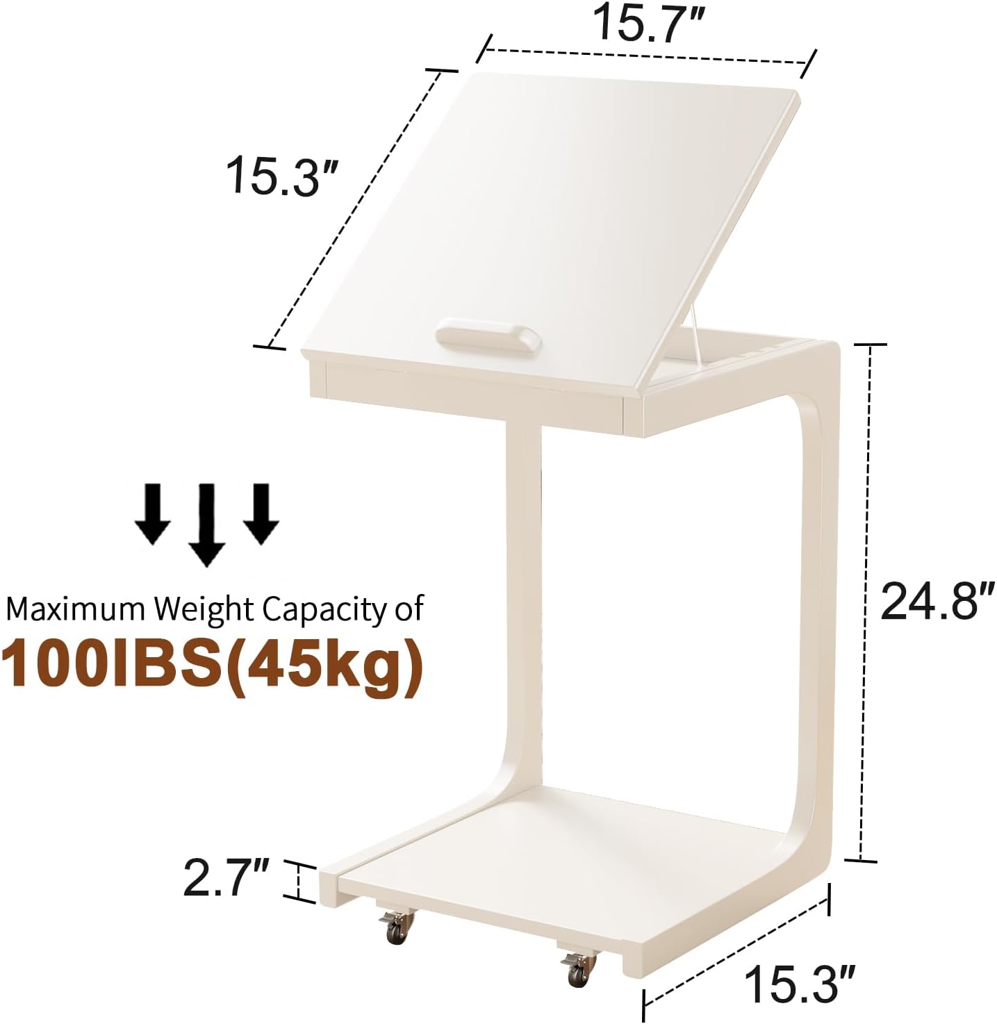 C shaped table for sofa, C shaped table with wheels, wooden sofa table with adjustable tabletop for living room, bedroom