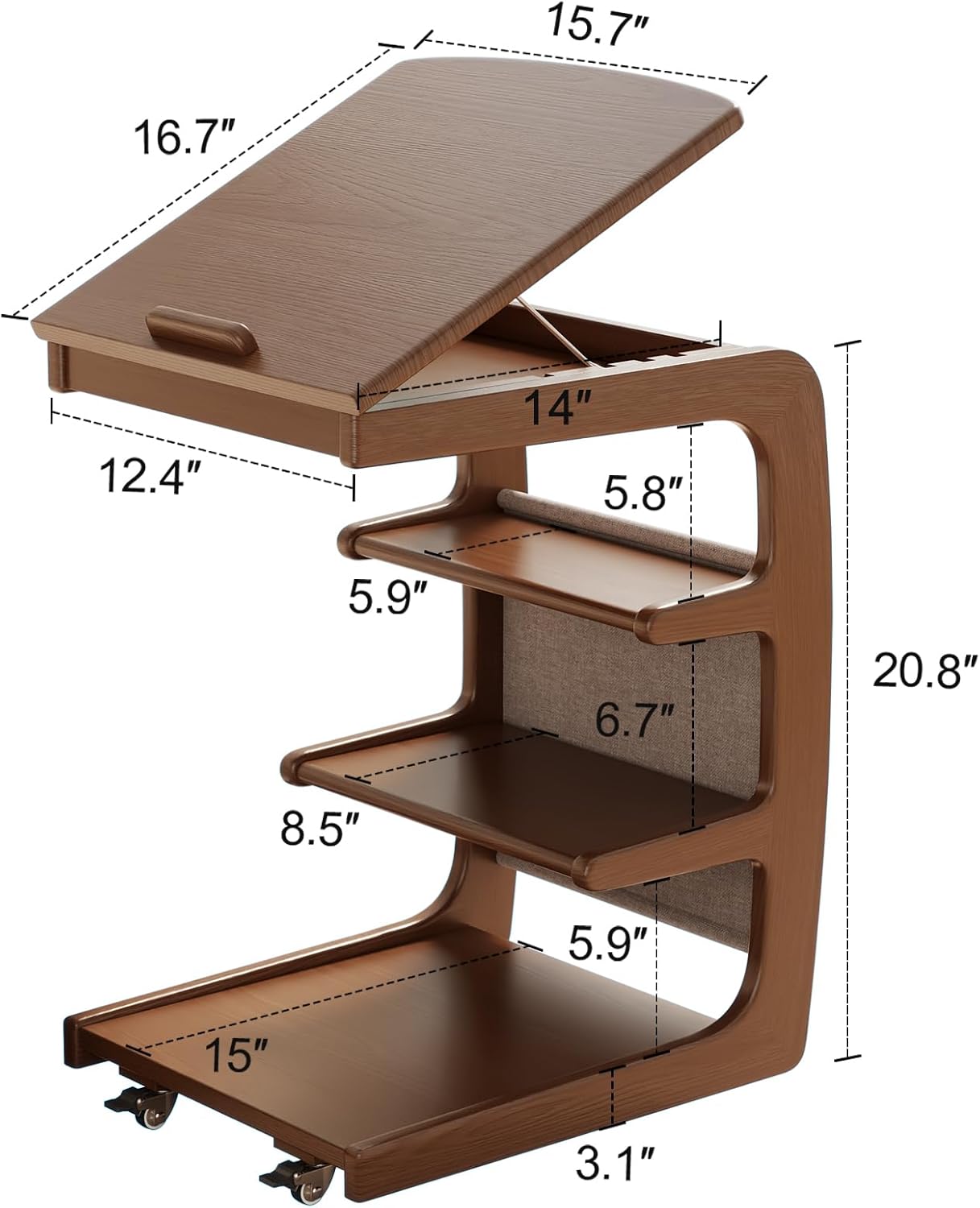 C shaped table for sofa, C shaped table with wheels, wooden sofa table with adjustable tabletop for living room, bedroom