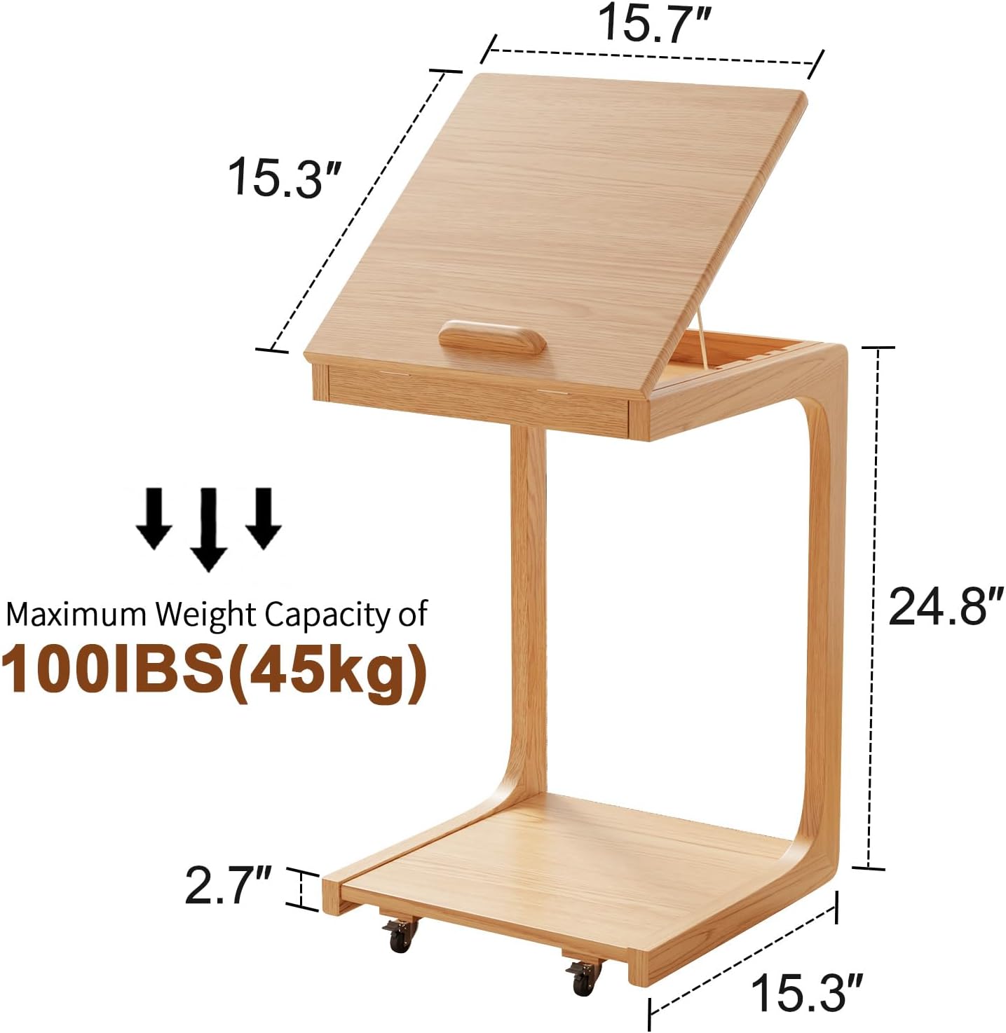 C shaped table for sofa, C shaped table with wheels, wooden sofa table with adjustable tabletop for living room, bedroom