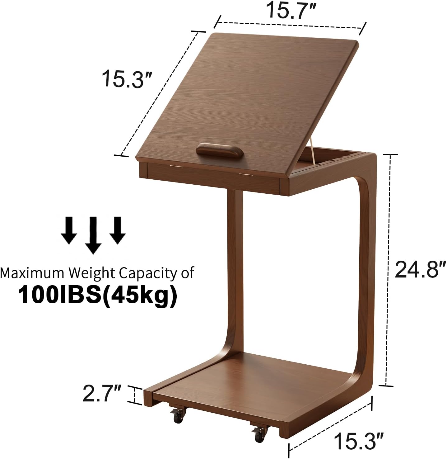 C shaped table for sofa, C shaped table with wheels, wooden sofa table with adjustable tabletop for living room, bedroom