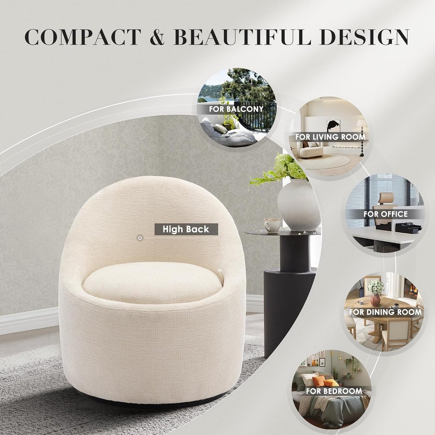 Swivel armchair bucket chair, 360° swivel chair with hidden storage, modern small round swivel chair