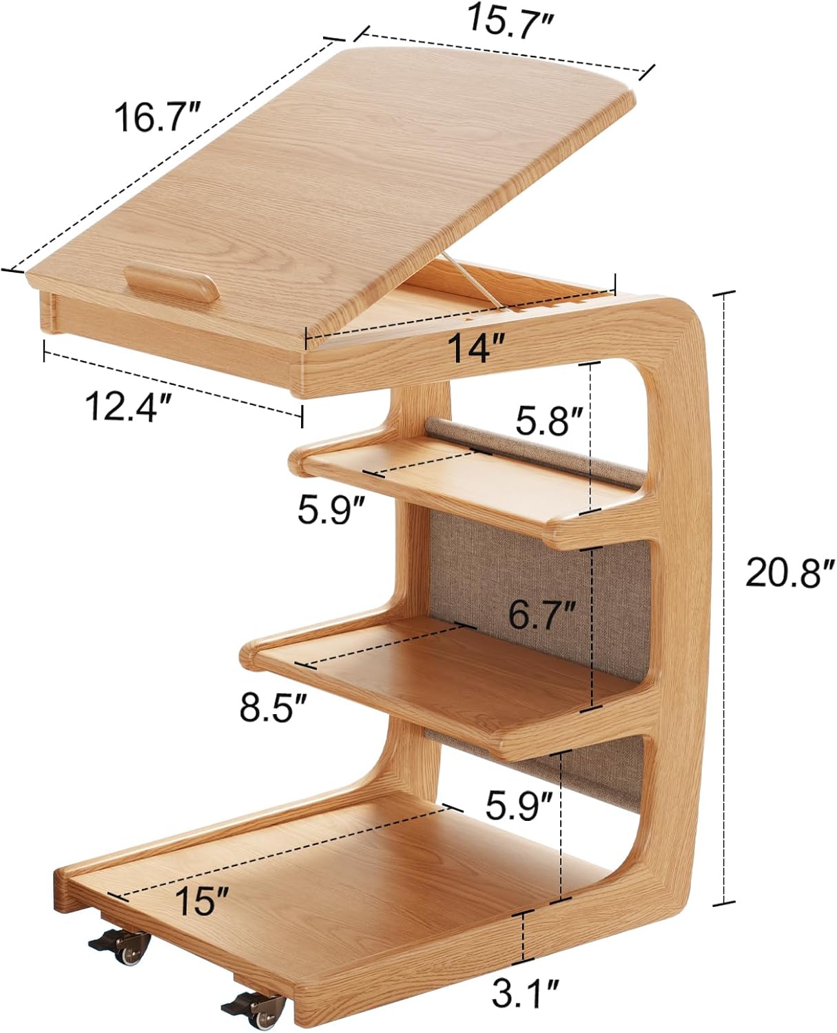 C shaped table for sofa, C shaped table with wheels, wooden sofa table with adjustable tabletop for living room, bedroom