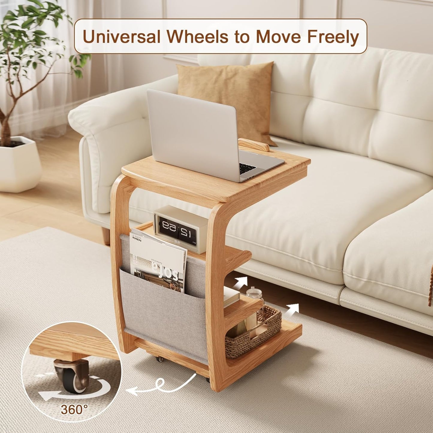 C shaped table for sofa, C shaped table with wheels, wooden sofa table with adjustable tabletop for living room, bedroom