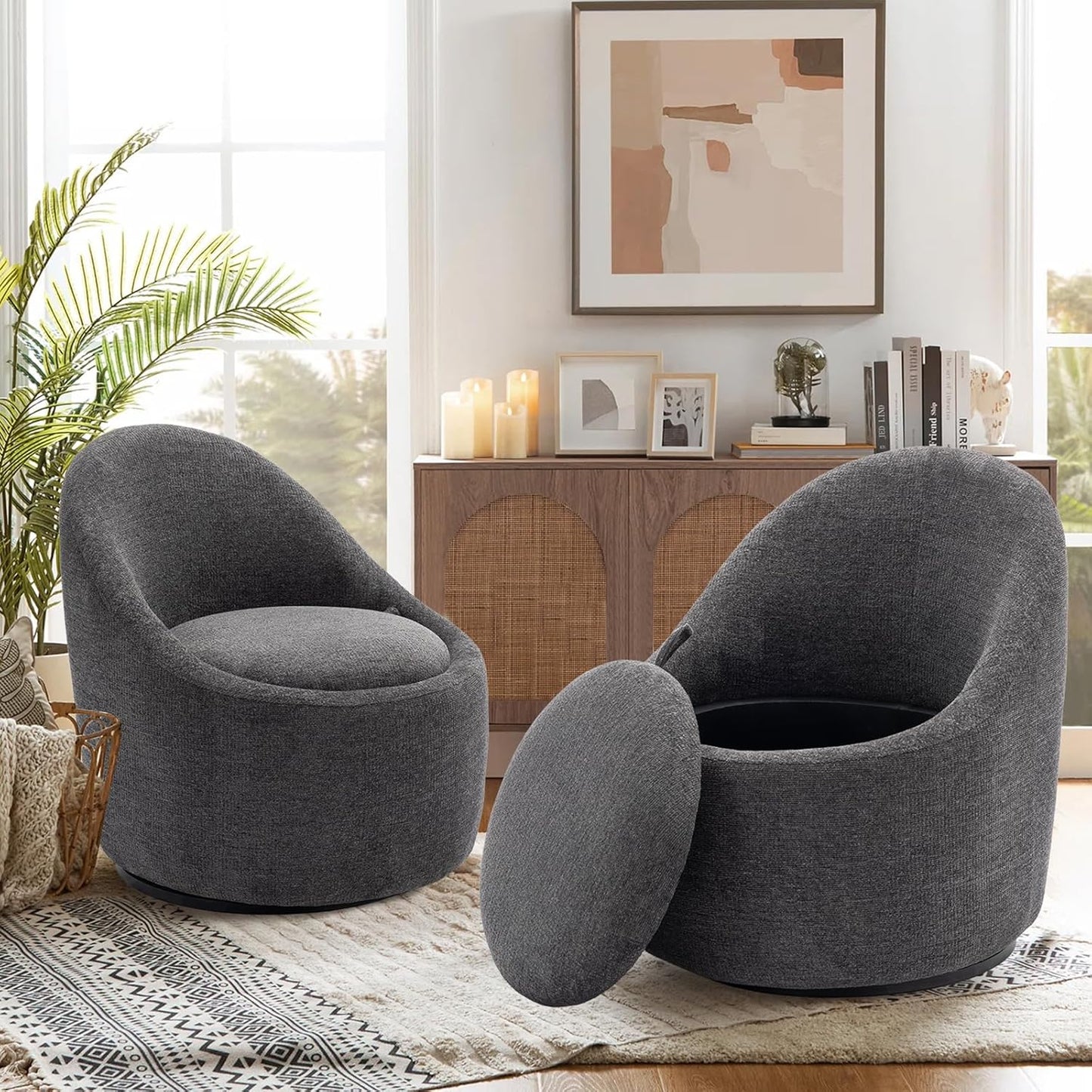 Swivel armchair bucket chair, 360° swivel chair with hidden storage, modern small round swivel chair