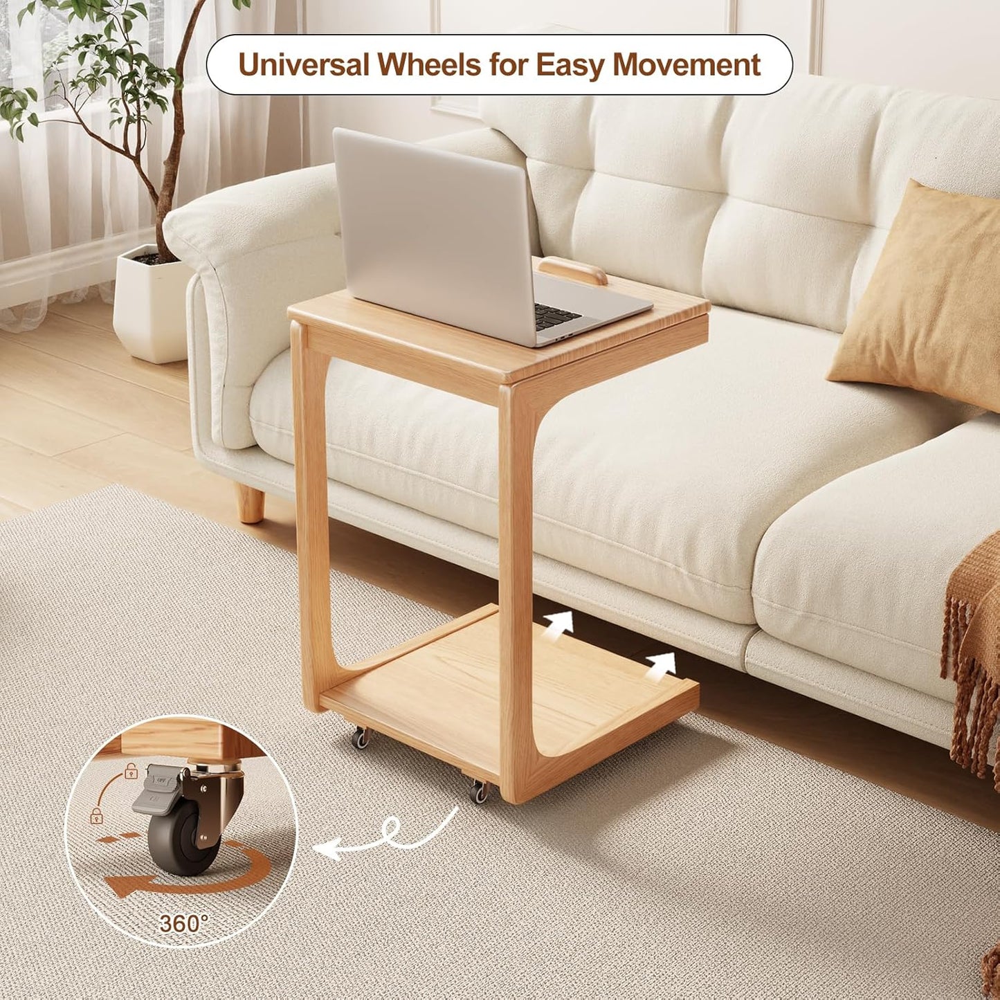 C shaped table for sofa, C shaped table with wheels, wooden sofa table with adjustable tabletop for living room, bedroom