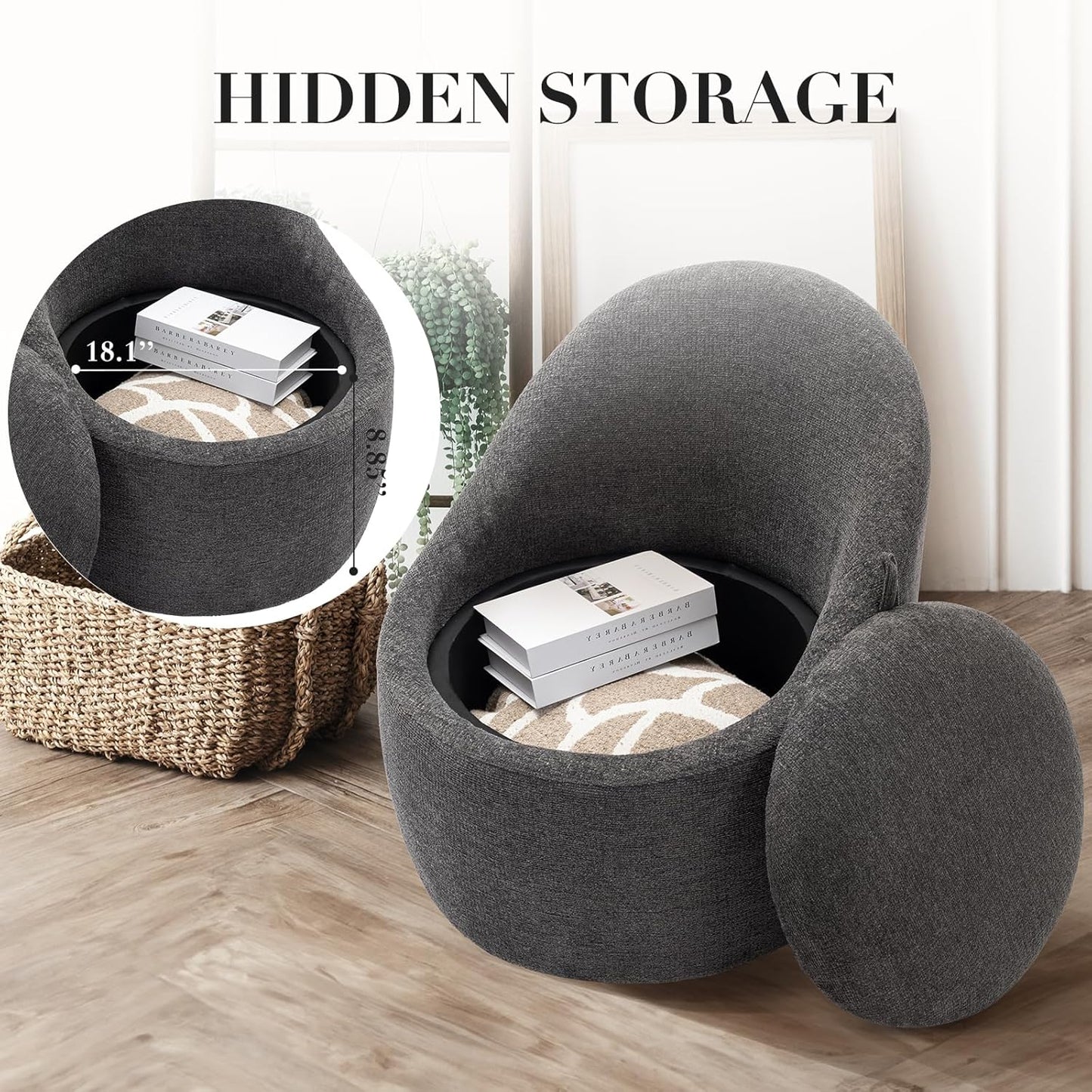 Swivel armchair bucket chair, 360° swivel chair with hidden storage, modern small round swivel chair