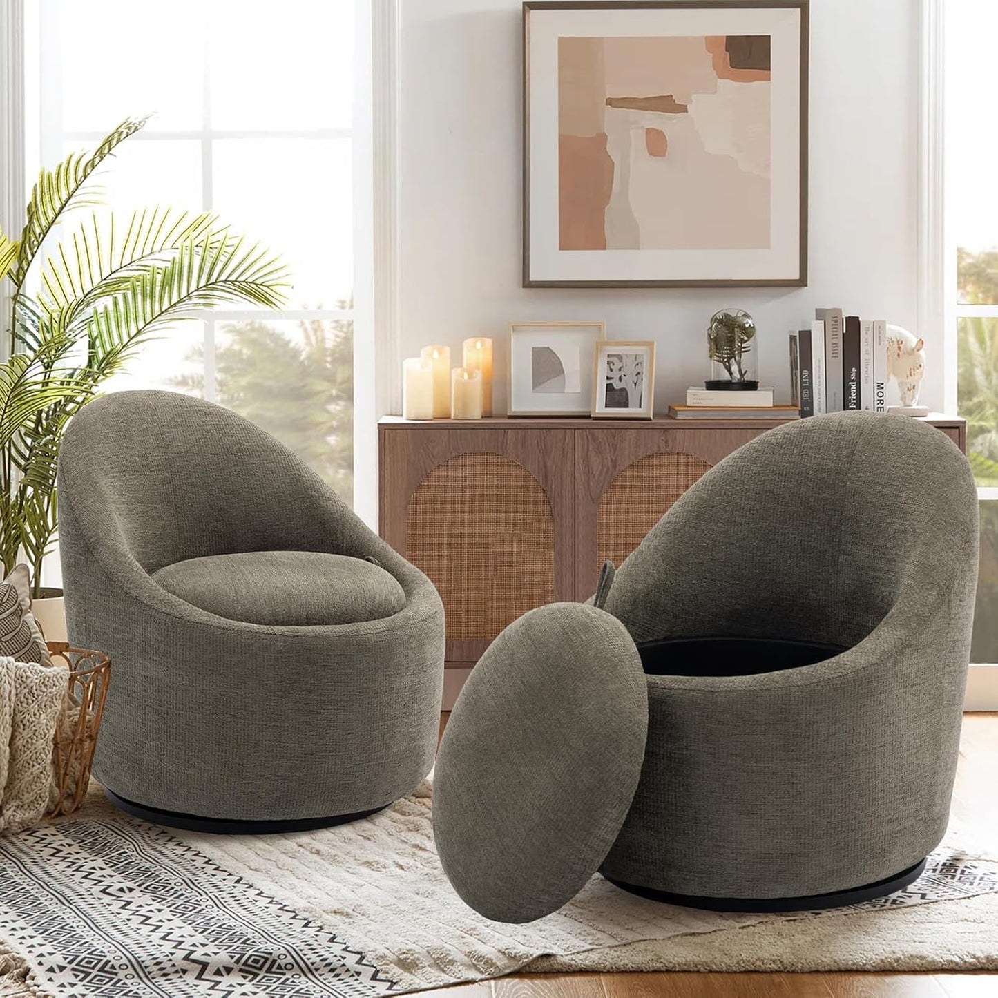 Swivel armchair bucket chair, 360° swivel chair with hidden storage, modern small round swivel chair