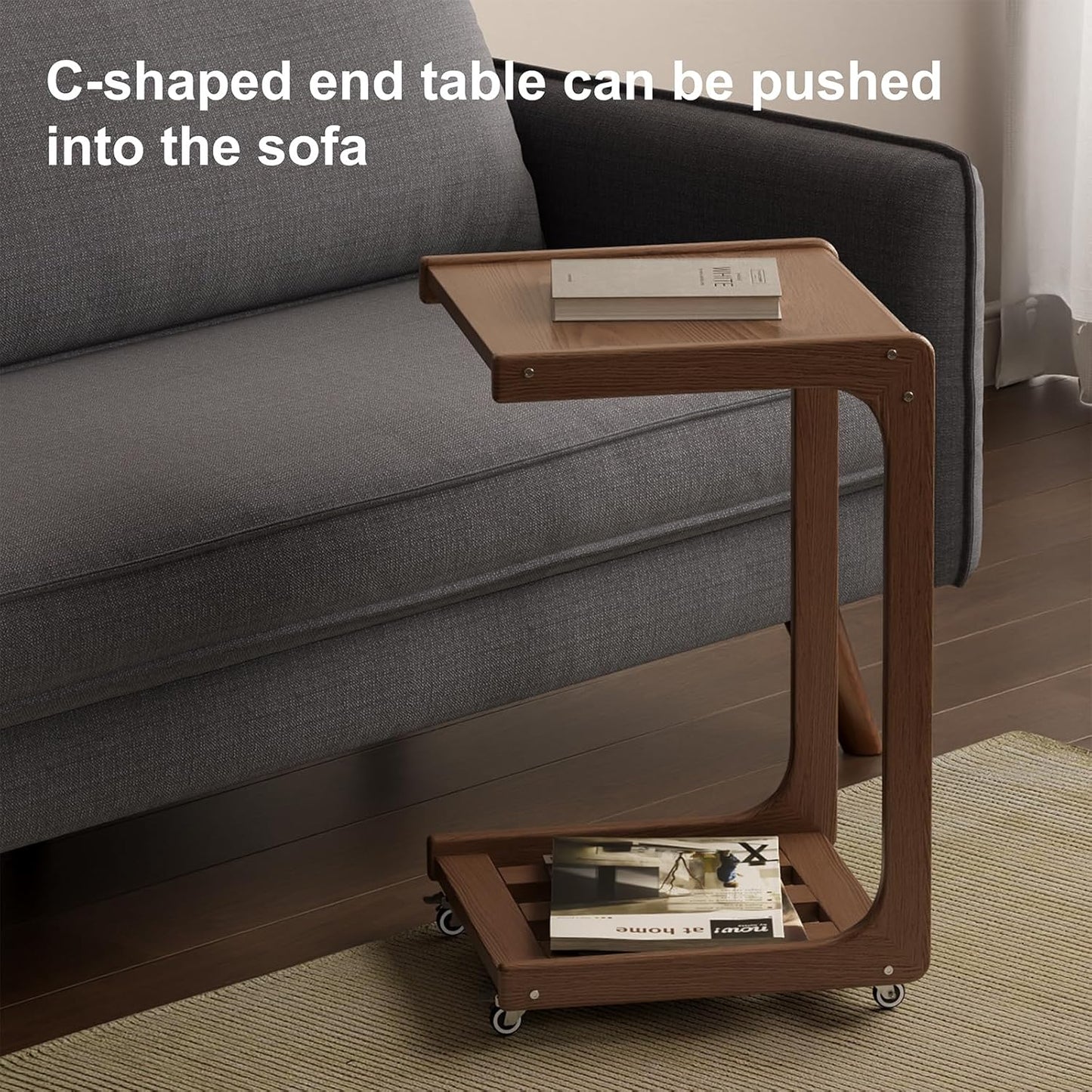 C shaped table for sofa, C shaped table with wheels, wooden sofa table with adjustable tabletop for living room, bedroom