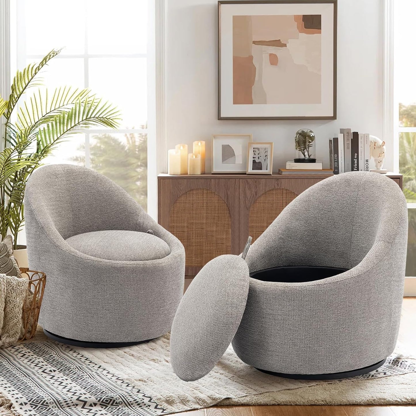 Swivel armchair bucket chair, 360° swivel chair with hidden storage, modern small round swivel chair