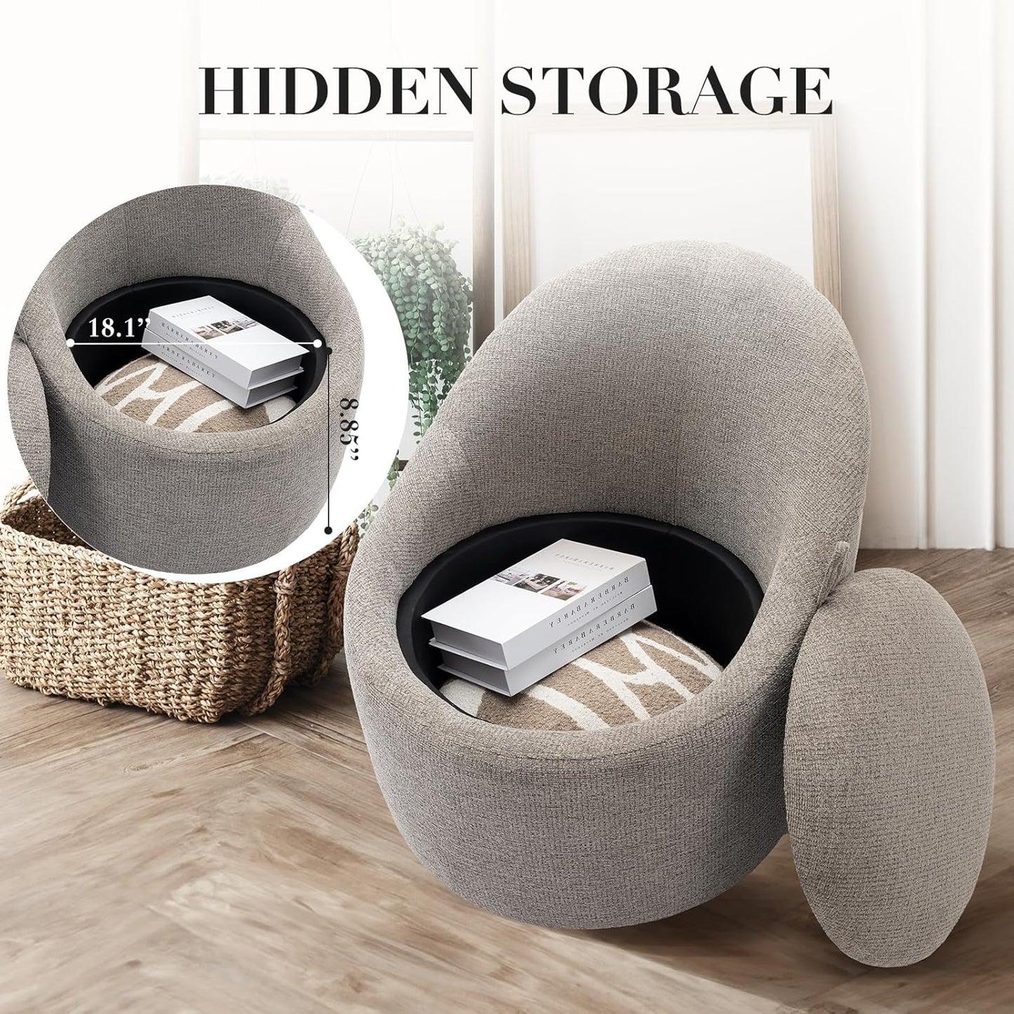 Swivel armchair bucket chair, 360° swivel chair with hidden storage, modern small round swivel chair