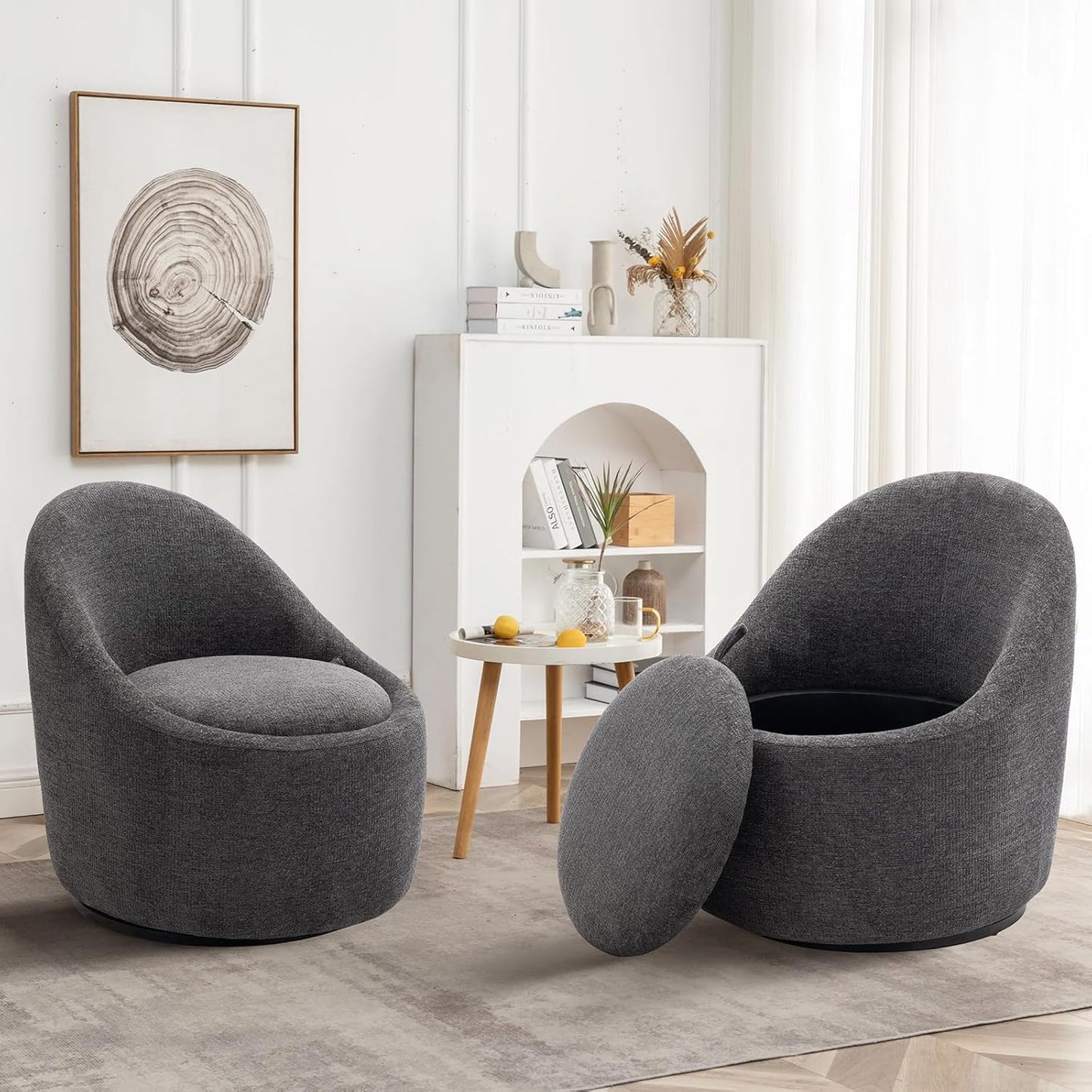 Swivel armchair bucket chair, 360° swivel chair with hidden storage, modern small round swivel chair