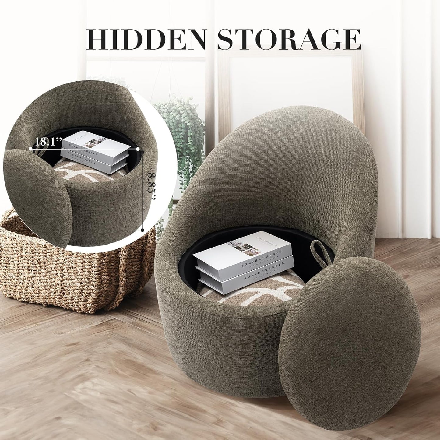 Swivel armchair bucket chair, 360° swivel chair with hidden storage, modern small round swivel chair