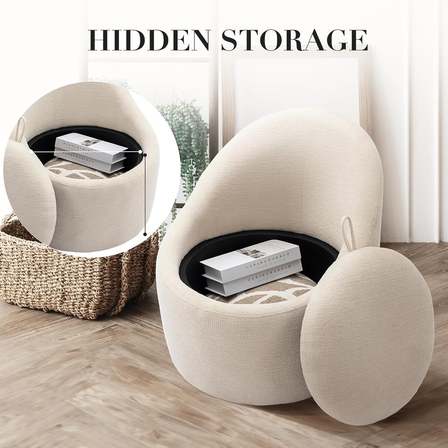 Swivel armchair bucket chair, 360° swivel chair with hidden storage, modern small round swivel chair