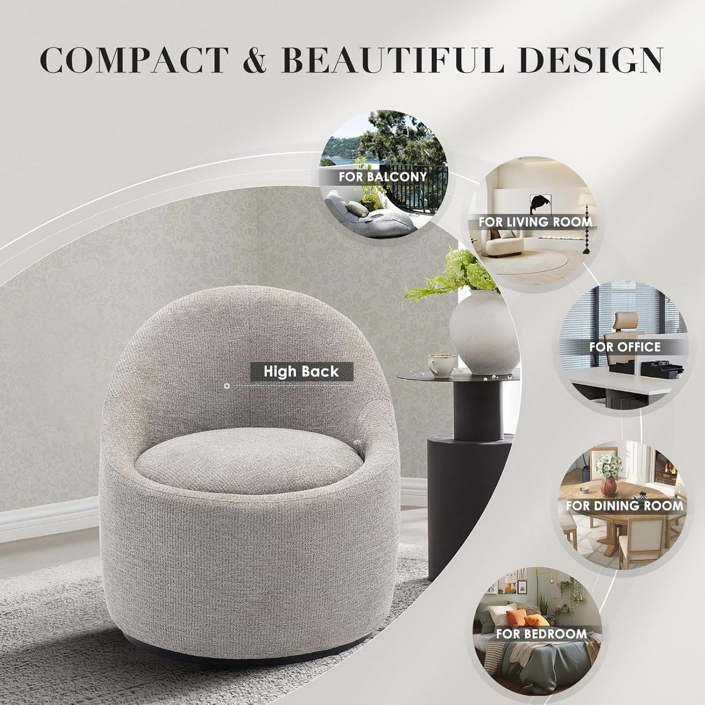 Swivel armchair bucket chair, 360° swivel chair with hidden storage, modern small round swivel chair