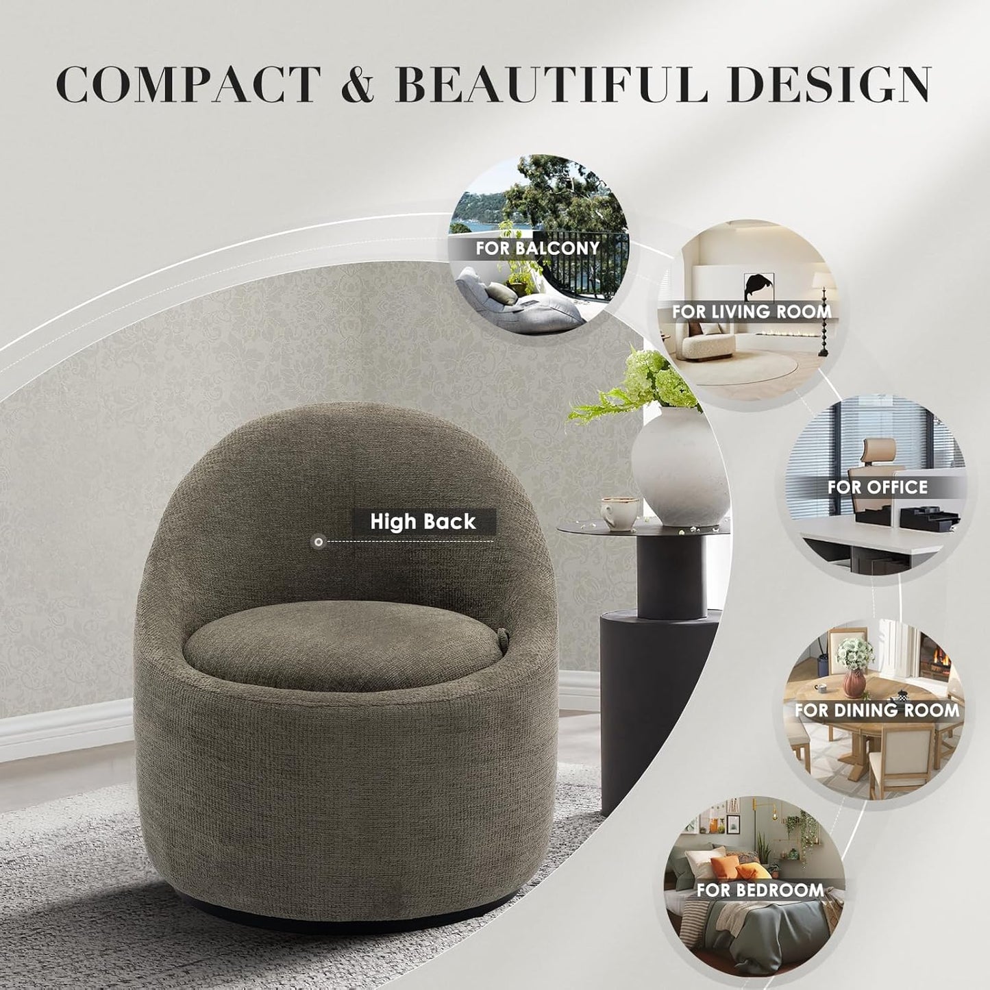 Swivel armchair bucket chair, 360° swivel chair with hidden storage, modern small round swivel chair