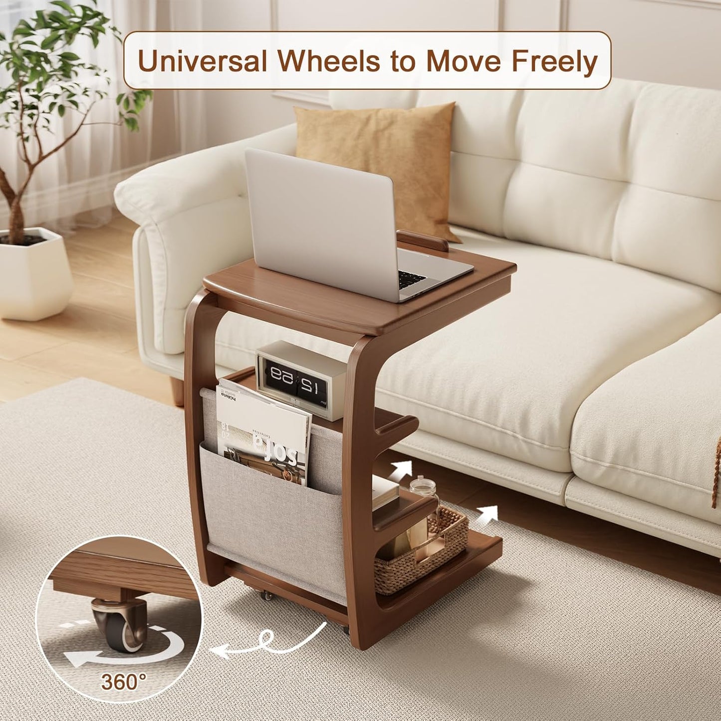 C shaped table for sofa, C shaped table with wheels, wooden sofa table with adjustable tabletop for living room, bedroom