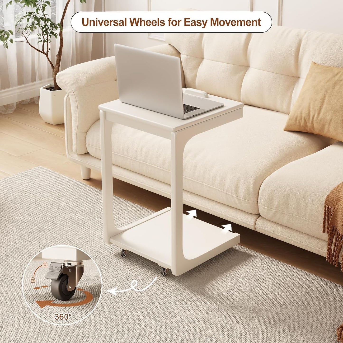 C shaped table for sofa, C shaped table with wheels, wooden sofa table with adjustable tabletop for living room, bedroom